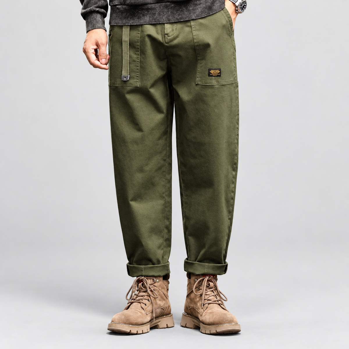 Men's Cargo Trousers with Utility Pocket Panels in Army Green — view 1