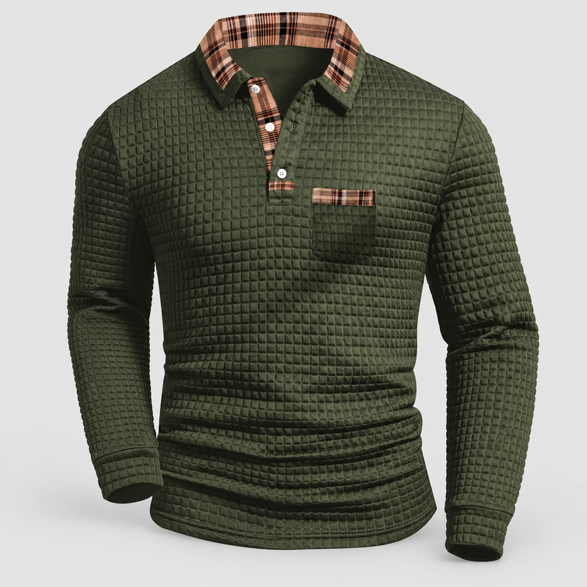 Men's Long-Sleeve Polo Shirt with Check-Trim Collar in Alloy Green — view 1