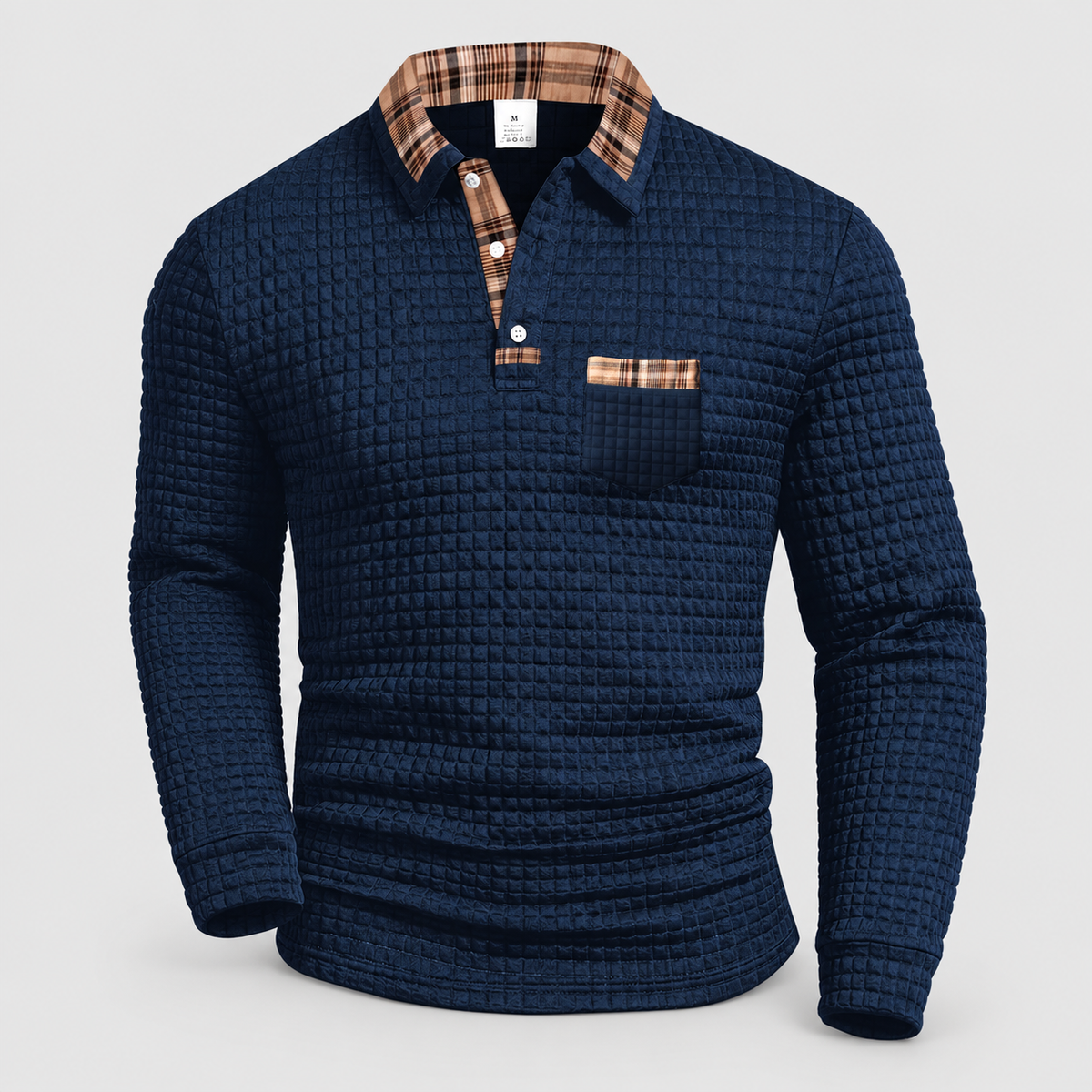 Men's Long-Sleeve Polo Shirt with Check-Trim Collar in Dark Blue — view 2