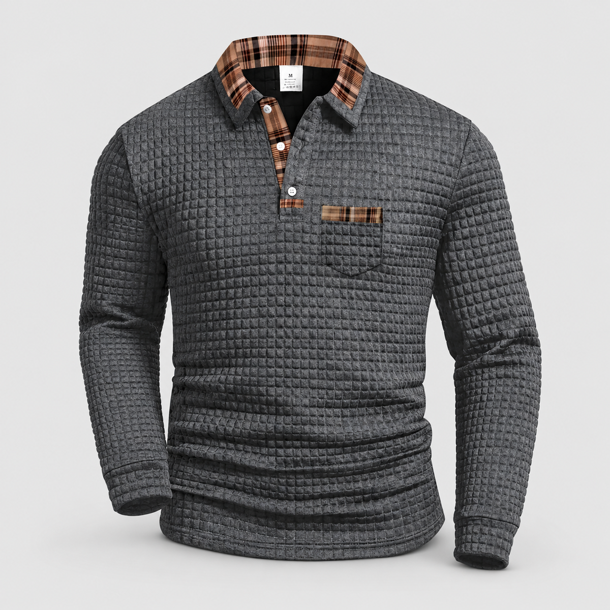 Men's Long-Sleeve Polo Shirt with Check-Trim Collar in Grey — view 3