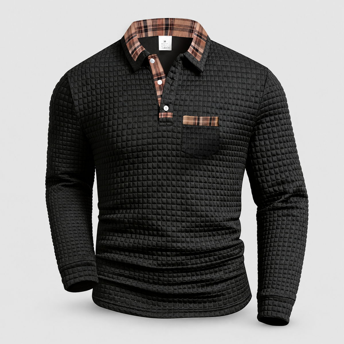 Men's Long-Sleeve Polo Shirt with Check-Trim Collar in Black — view 4