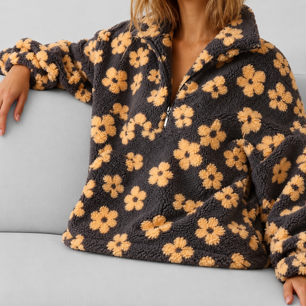 Women's Oversized Floral Teddy Fleece Jacket with Half Zip — view 2