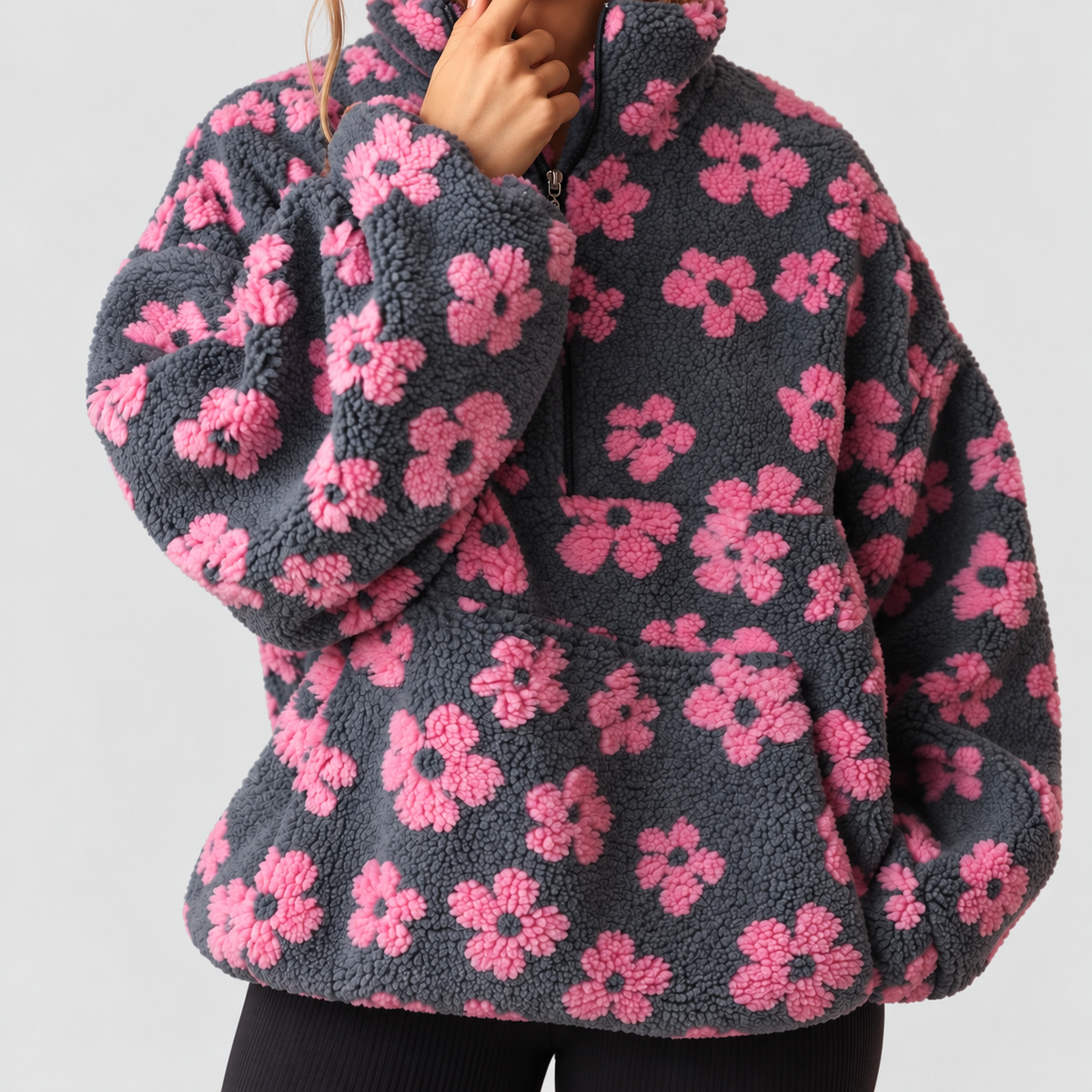 Women's Oversized Floral Teddy Fleece Jacket with Half Zip — view 4