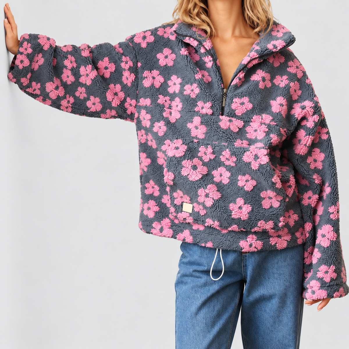 Women's Oversized Floral Teddy Fleece Jacket with Half Zip in Pink — view 5