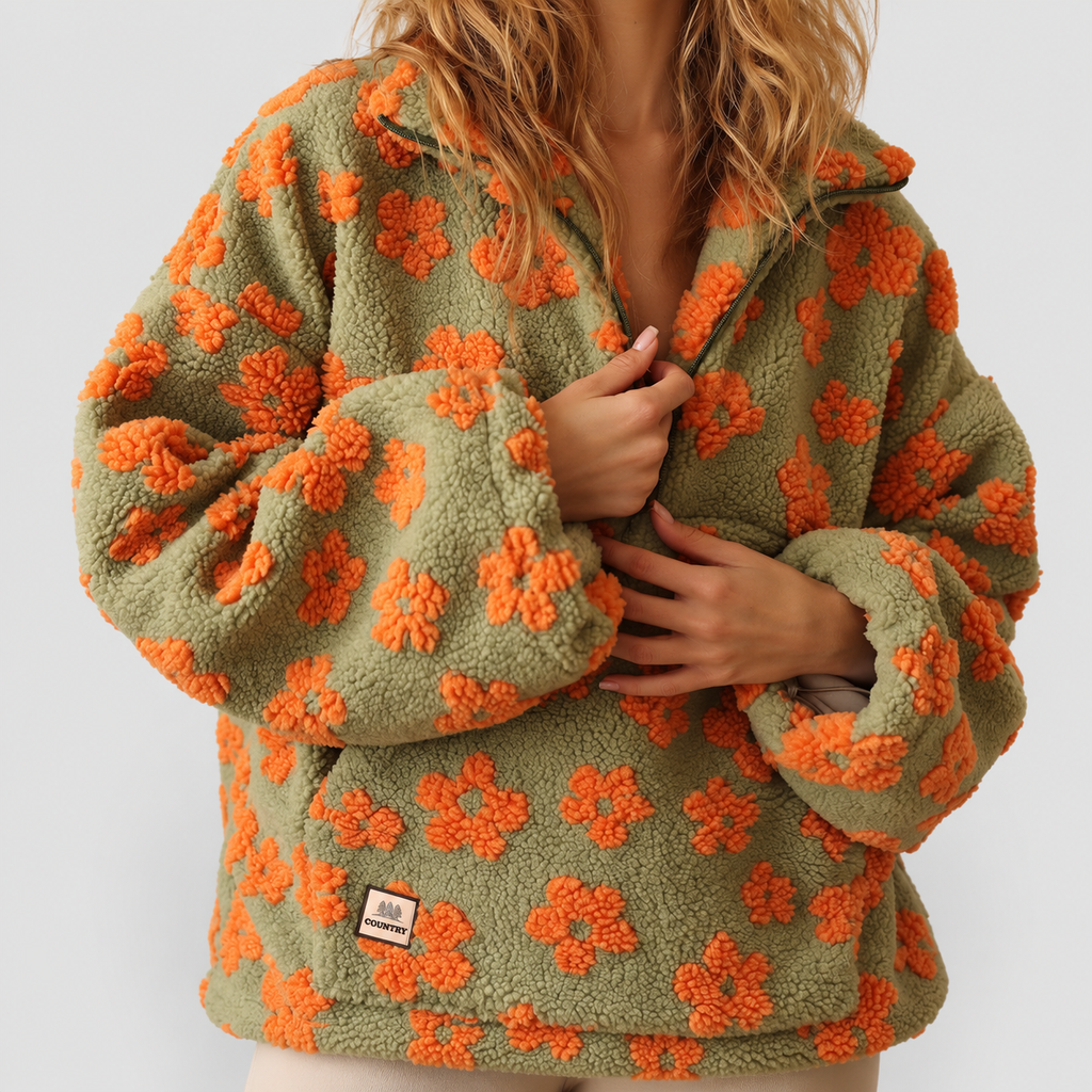 Women's Oversized Floral Teddy Fleece Jacket with Half Zip — view 6