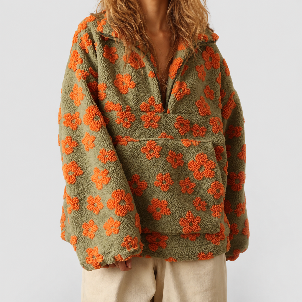 Women's Oversized Floral Teddy Fleece Jacket with Half Zip in Orange — view 7