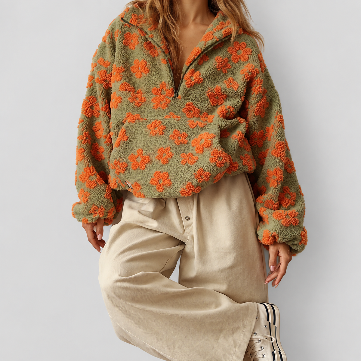 Women's Oversized Floral Teddy Fleece Jacket with Half Zip — view 8