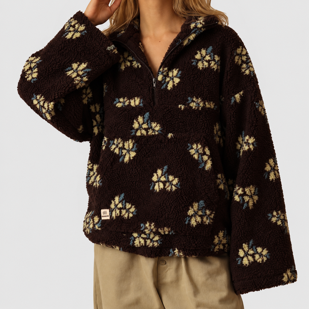 Women's Oversized Floral Teddy Fleece Jacket with Half Zip in Brown — view 9