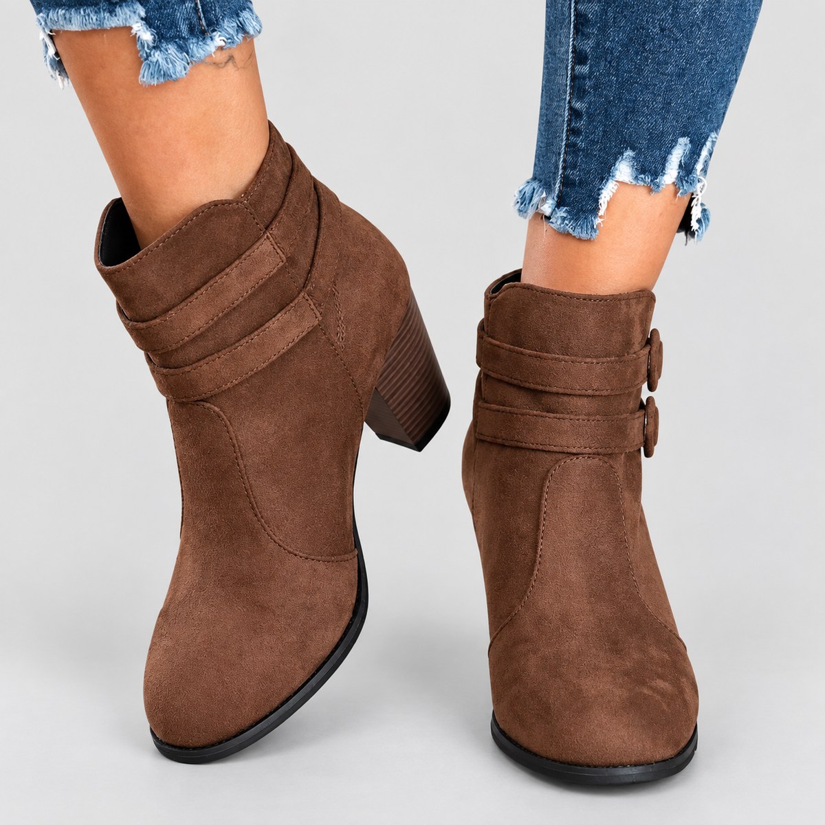 Women's Faux Suede Heeled Ankle Boots with Double Buckle Strap in Brown — view 1
