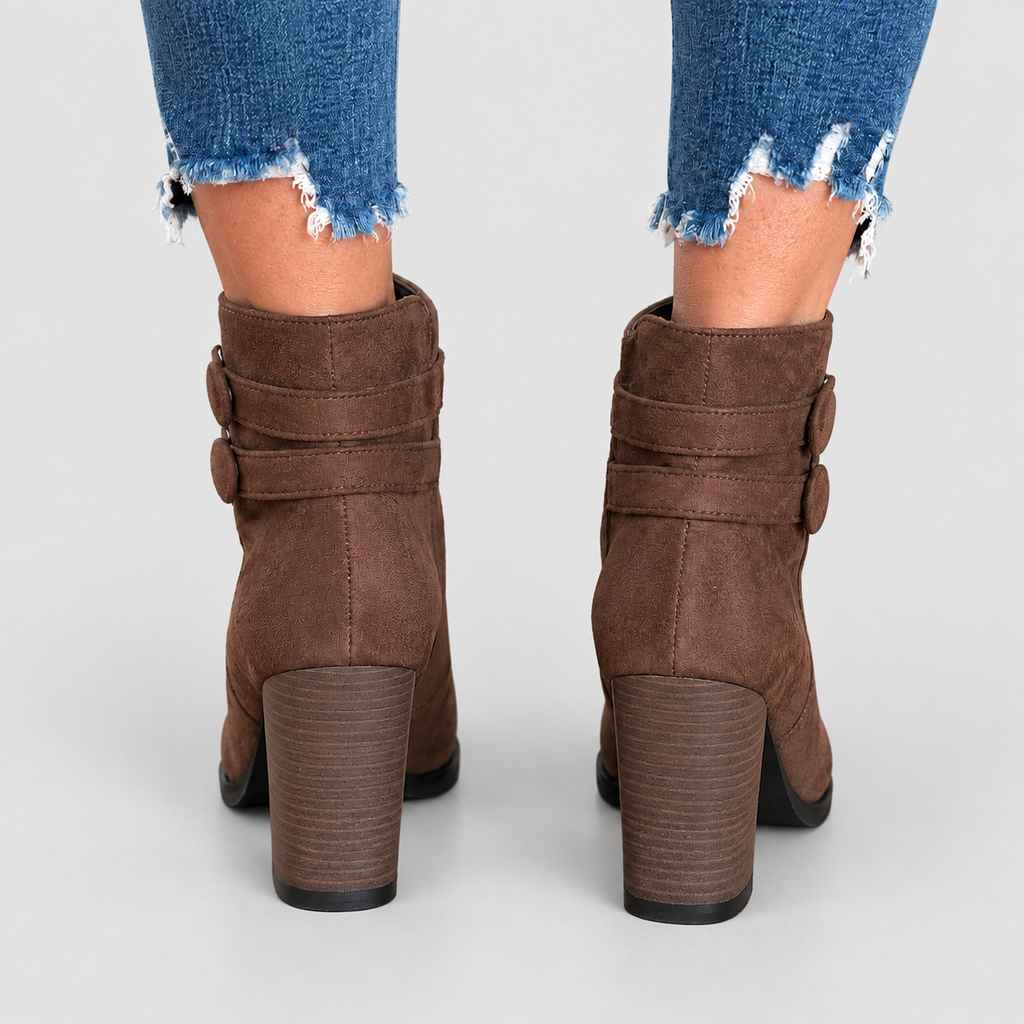 Women's Faux Suede Heeled Ankle Boots with Double Buckle Strap — view 2