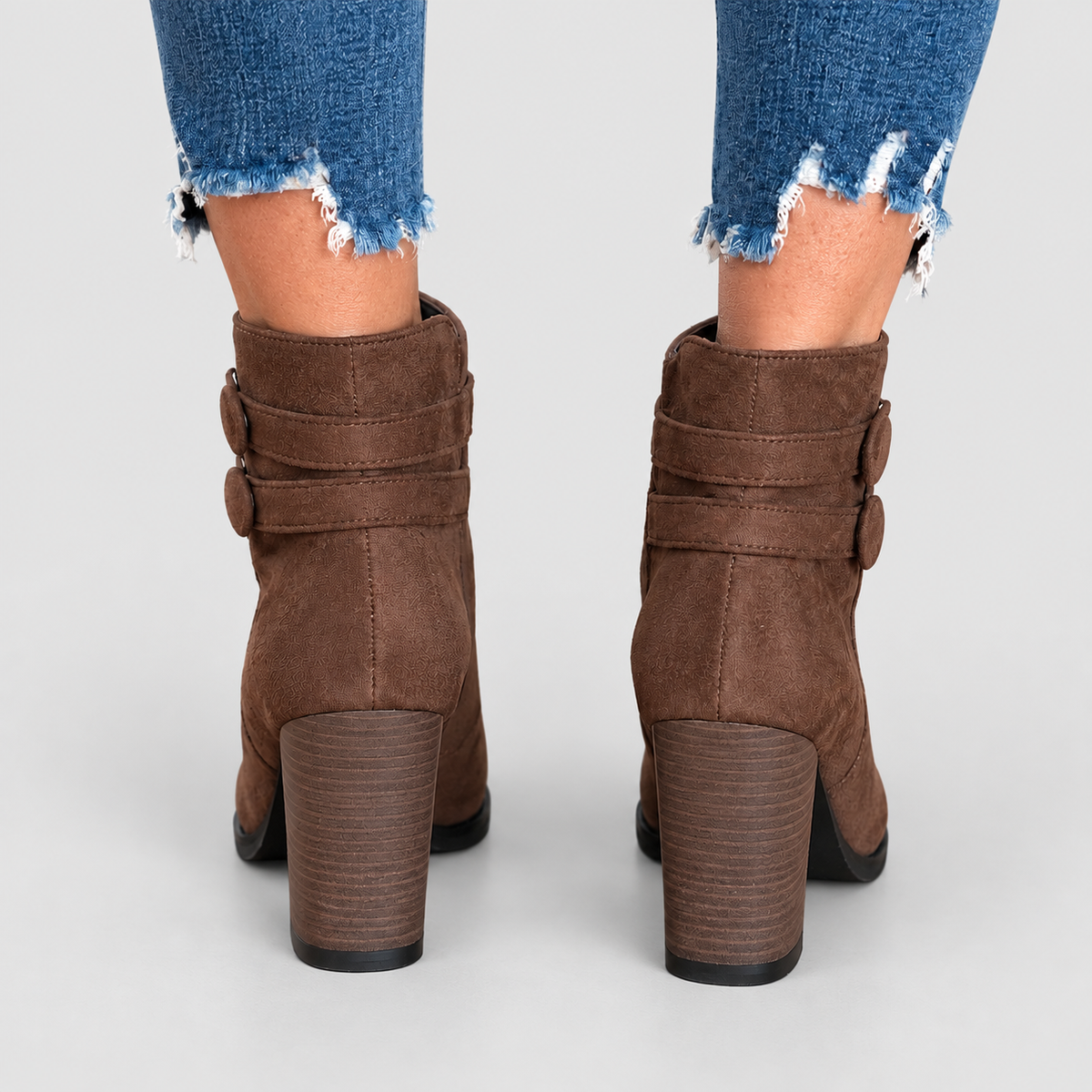 Women's Faux Suede Heeled Ankle Boots with Double Buckle Strap — view 2