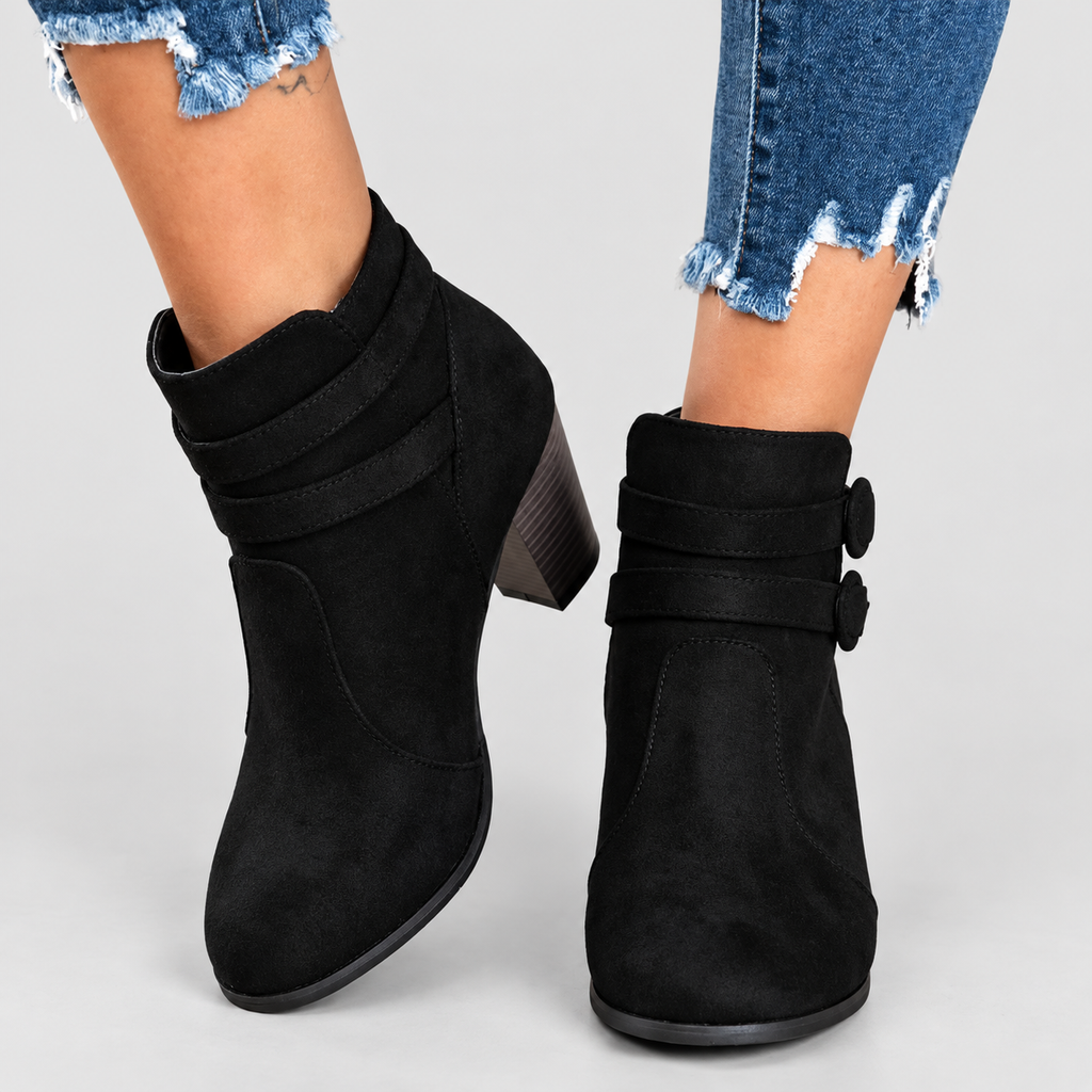 Women's Faux Suede Heeled Ankle Boots with Double Buckle Strap in Black — view 3