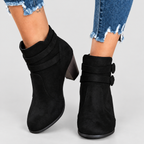 Women's Faux Suede Heeled Ankle Boots with Double Buckle Strap in Black — view 3
