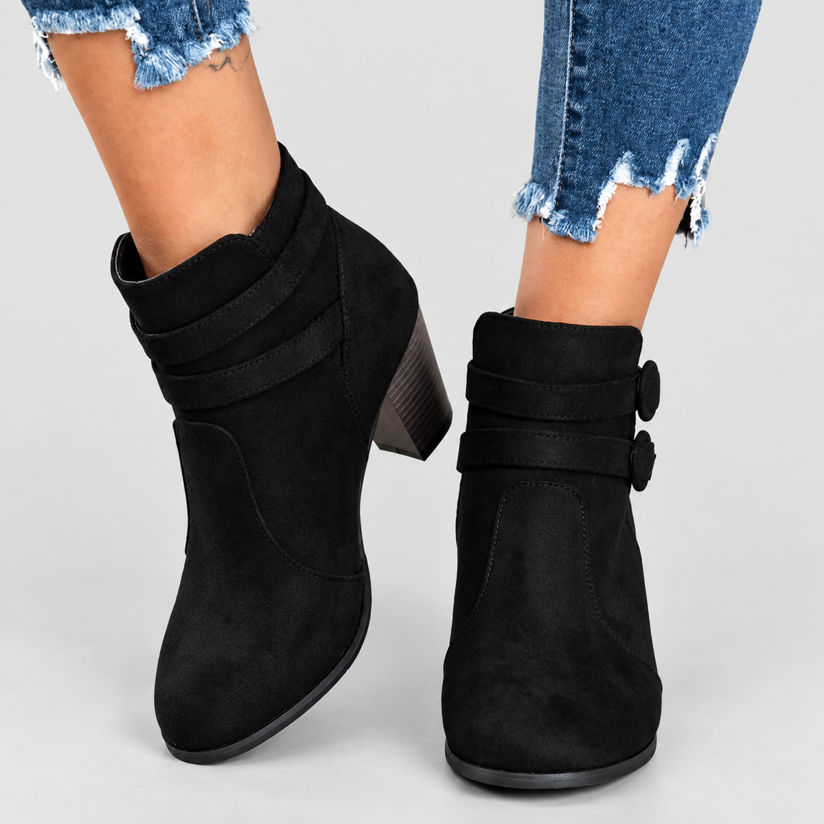 Women's Faux Suede Heeled Ankle Boots with Double Buckle Strap in Black — view 3