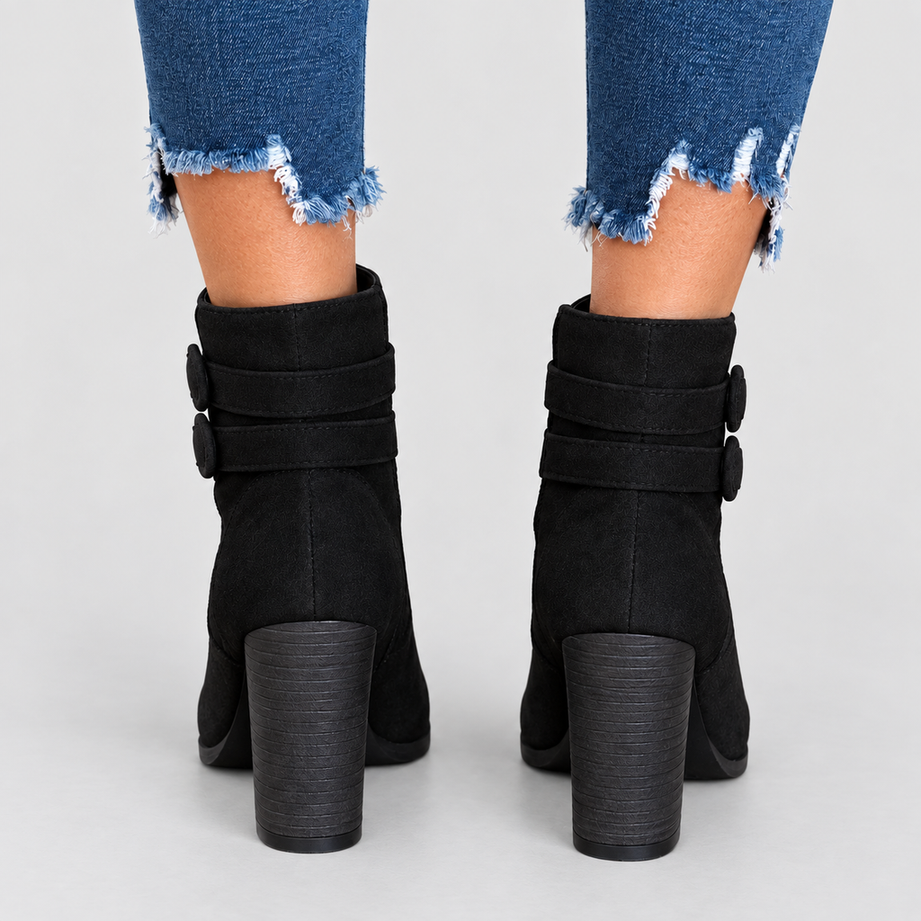 Women's Faux Suede Heeled Ankle Boots with Double Buckle Strap — view 4