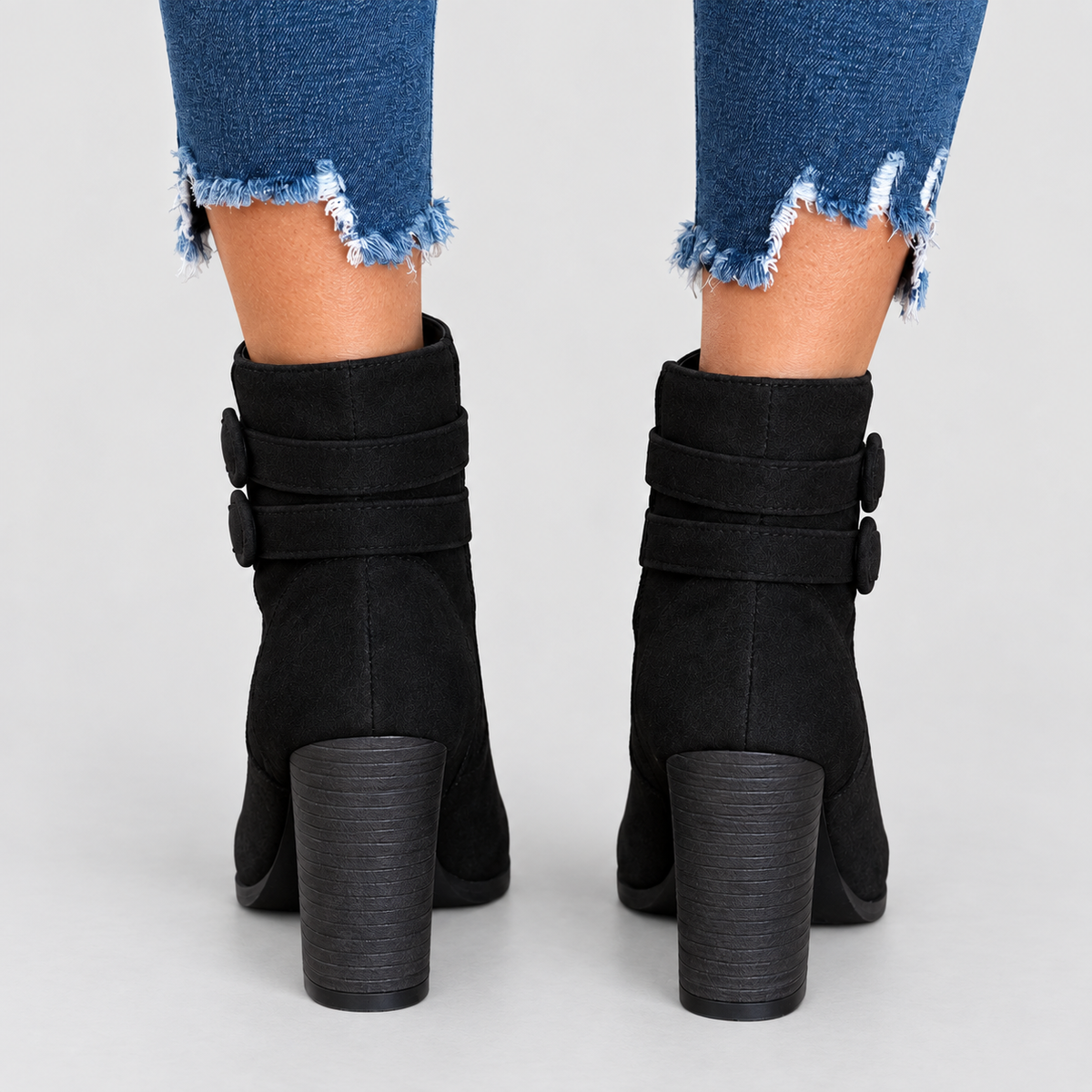 Women's Faux Suede Heeled Ankle Boots with Double Buckle Strap — view 4