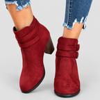 Women's Faux Suede Heeled Ankle Boots with Double Buckle Strap in Burgundy — view 5