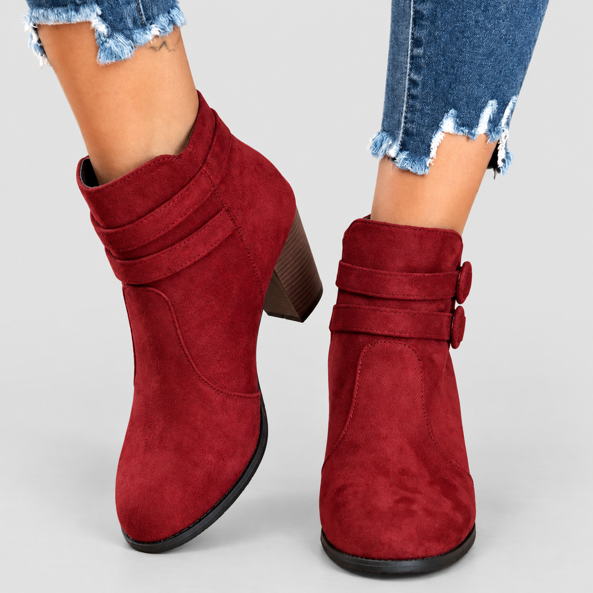Women's Faux Suede Heeled Ankle Boots with Double Buckle Strap in Burgundy — view 5