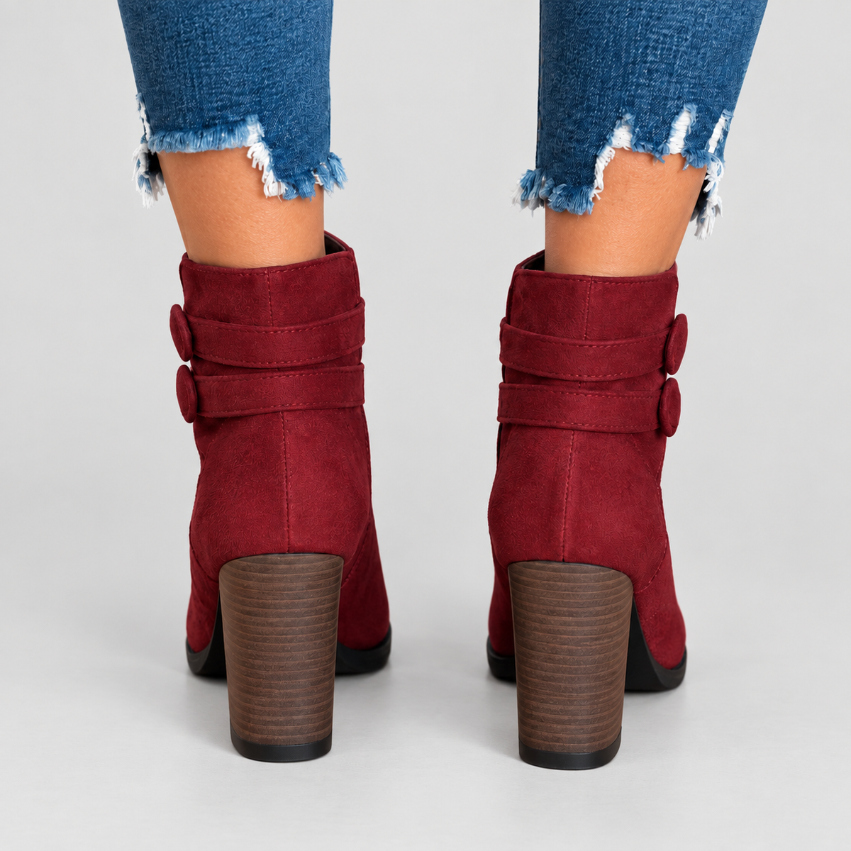 Women's Faux Suede Heeled Ankle Boots with Double Buckle Strap — view 6
