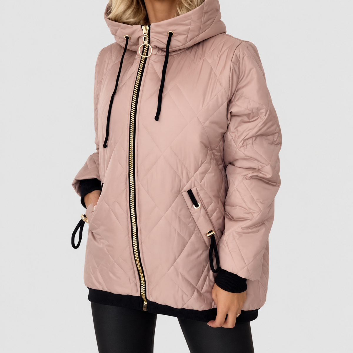 Women's Diamond-Quilted Hooded Jacket with High Zip Collar in Pink — view 1