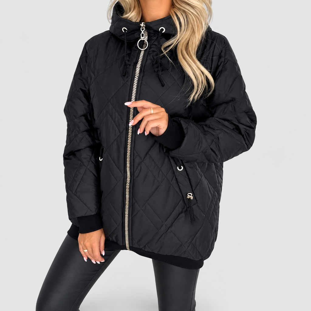 Women's Diamond-Quilted Hooded Jacket with High Zip Collar in Black — view 4