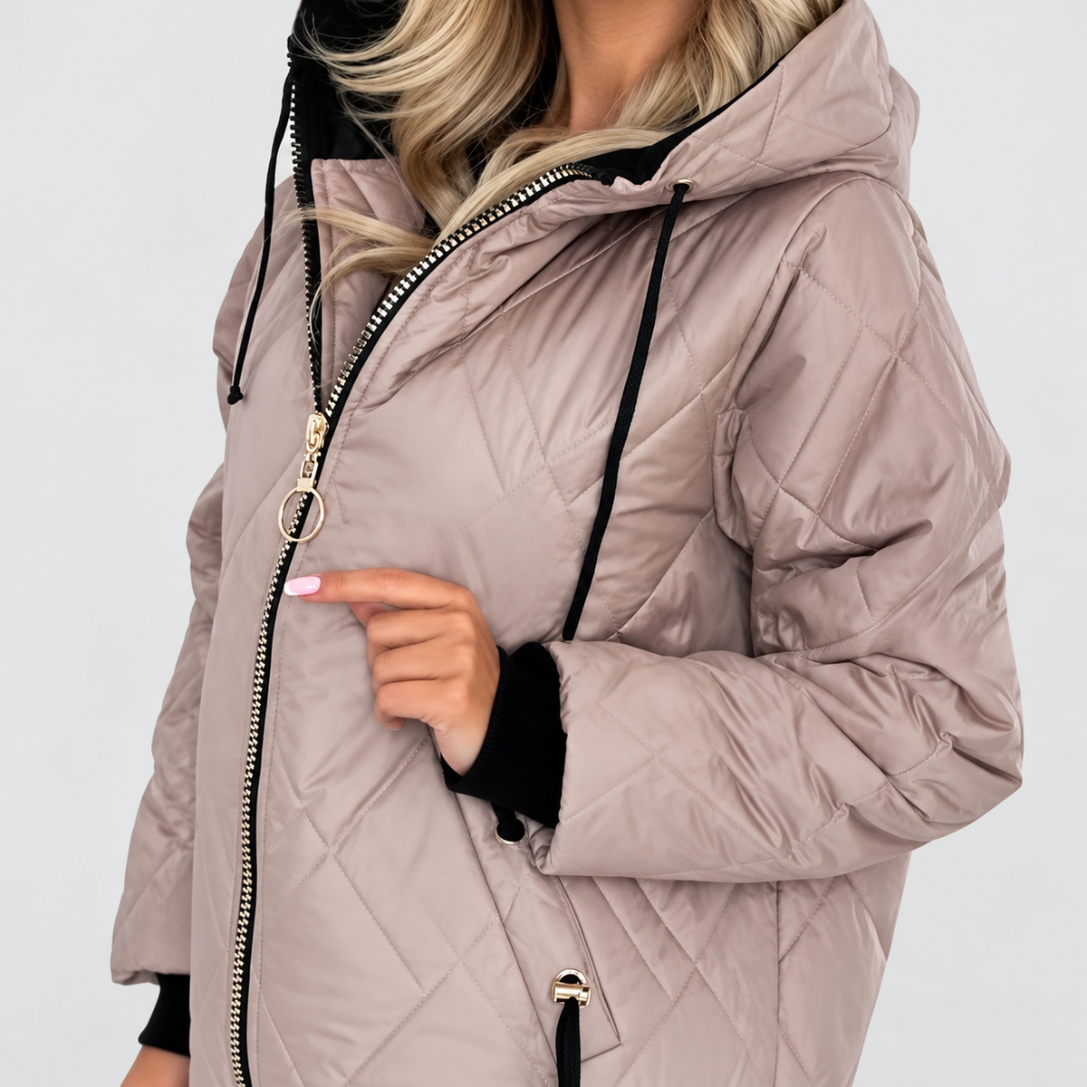 Women's Diamond-Quilted Hooded Jacket with High Zip Collar — view 6