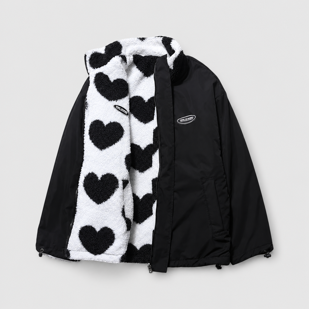 Women's Reversible Borg Zip-Up Fleece Jacket in Black White — view 15