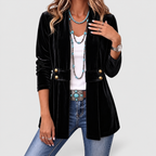 Women's Vintage Lapel Button-Accent Open-Front Jacket in Black — view 4