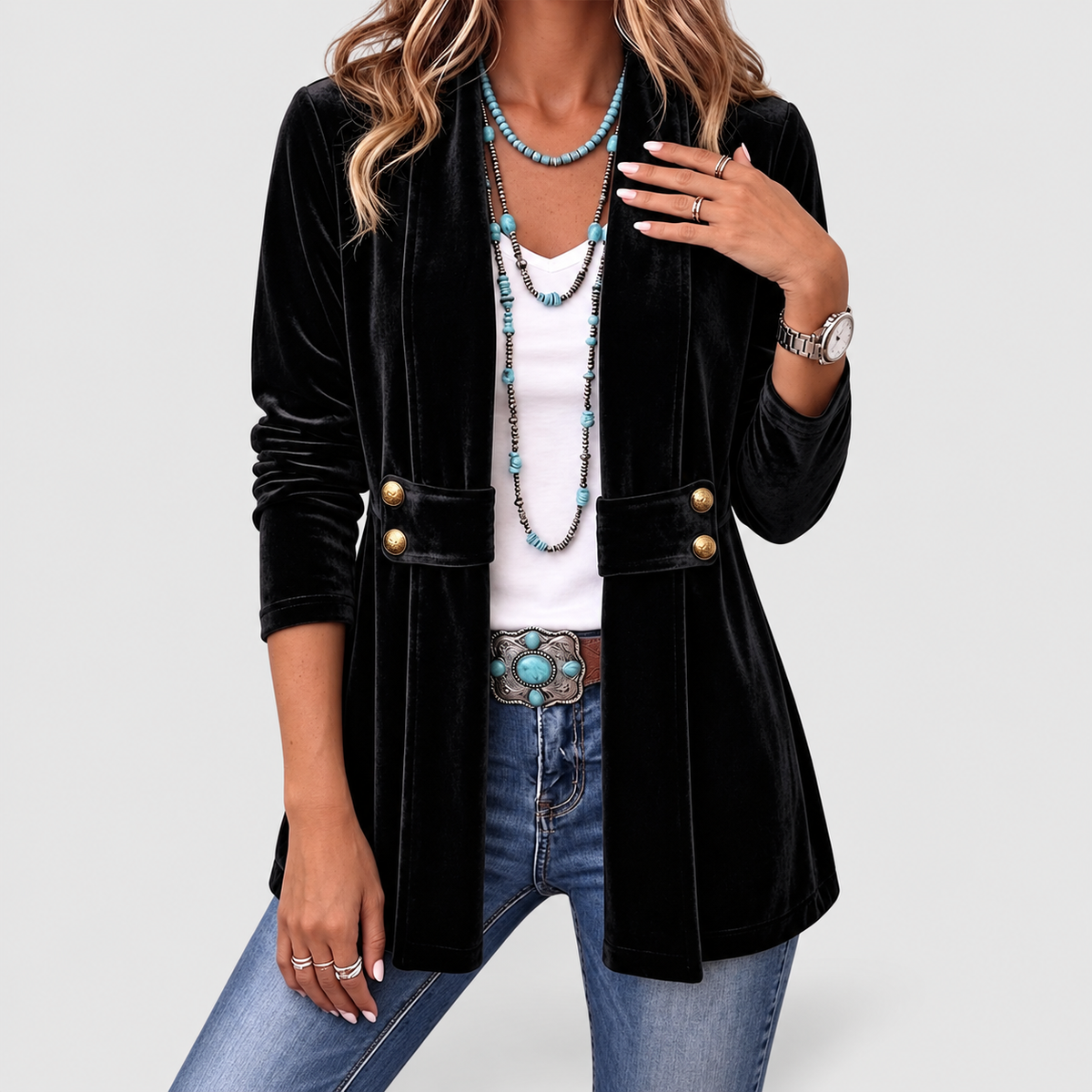 Women's Vintage Lapel Button-Accent Open-Front Jacket in Black — view 4