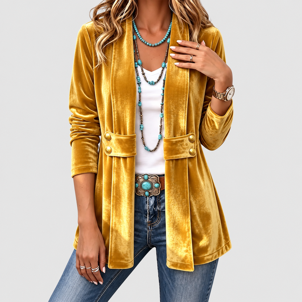 Women's Vintage Lapel Button-Accent Open-Front Jacket in Gold — view 5