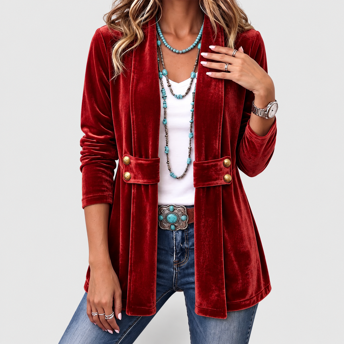 Women's Vintage Lapel Button-Accent Open-Front Jacket in Red — view 6