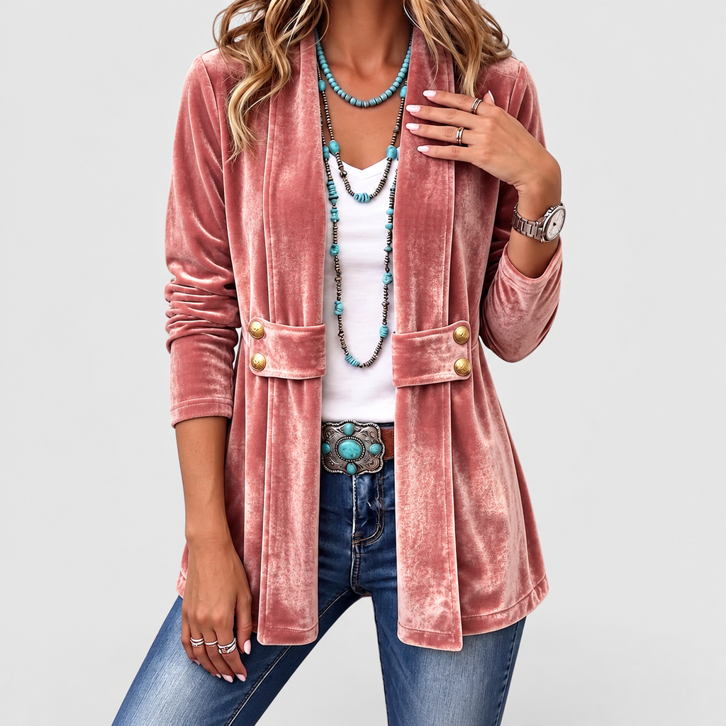 Women's Vintage Lapel Button-Accent Open-Front Jacket in Pink — view 7