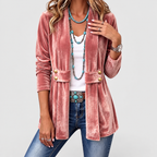 Women's Vintage Lapel Button-Accent Open-Front Jacket in Pink — view 7