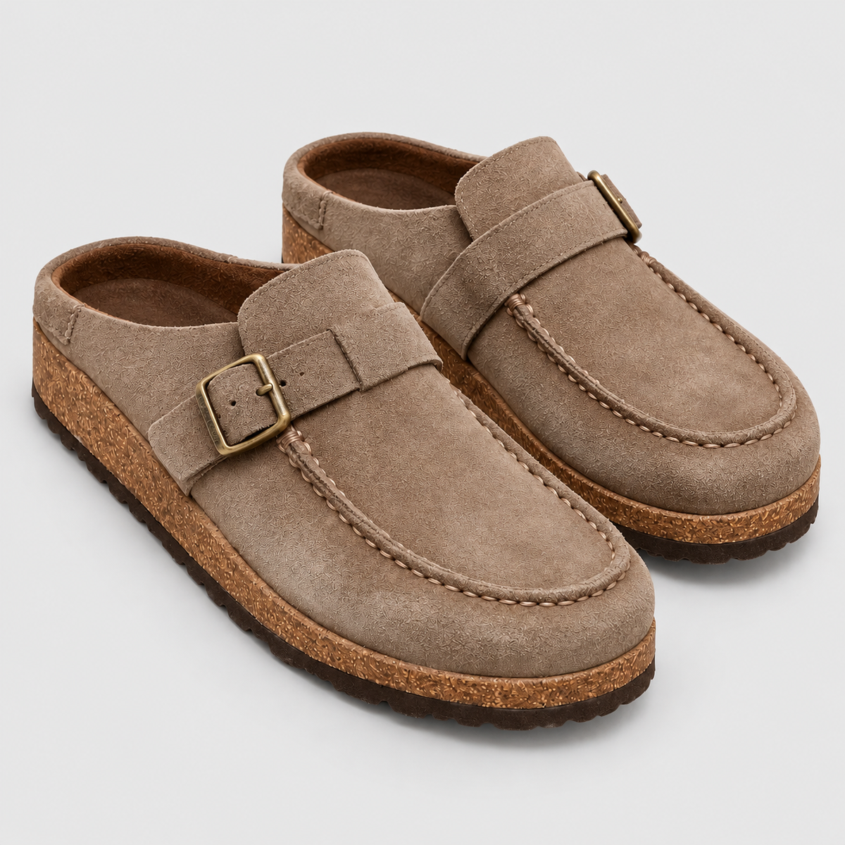 Women's Suede-Look Clogs with Buckle Strap in Taupe — view 1