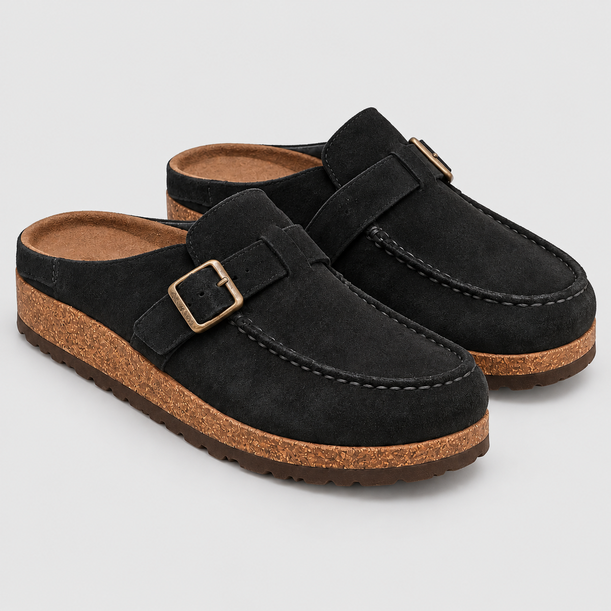 Women's Suede-Look Clogs with Buckle Strap in Black — view 5