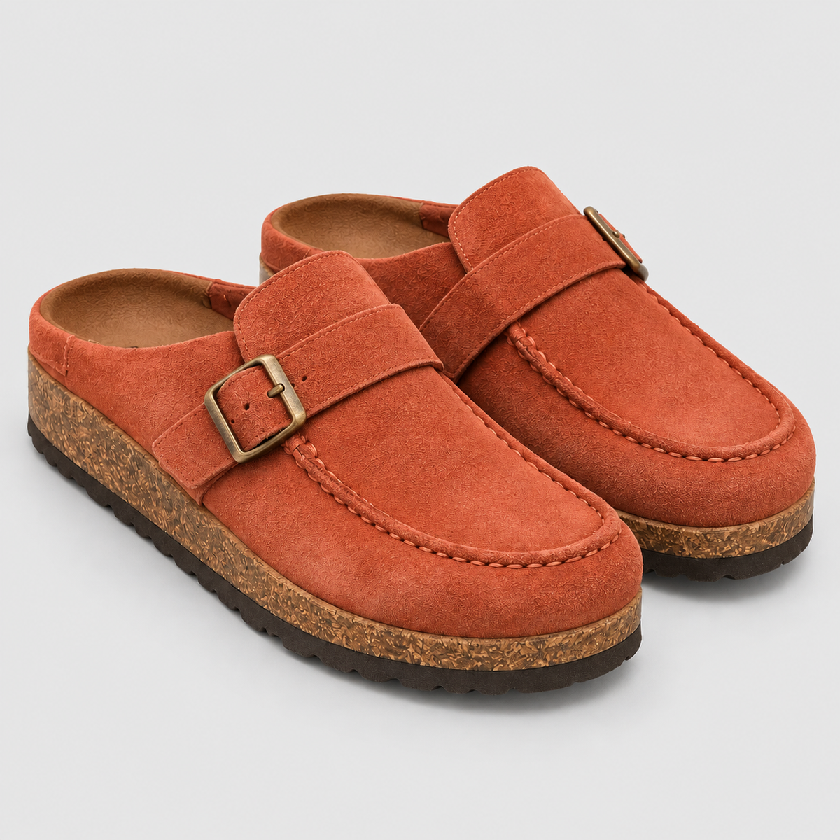 Women's Suede-Look Clogs with Buckle Strap in Rust — view 6