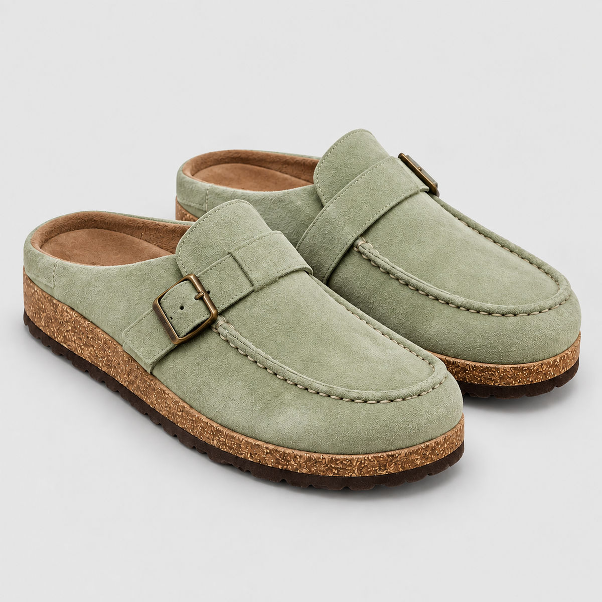 Women's Suede-Look Clogs with Buckle Strap in Light Green — view 7