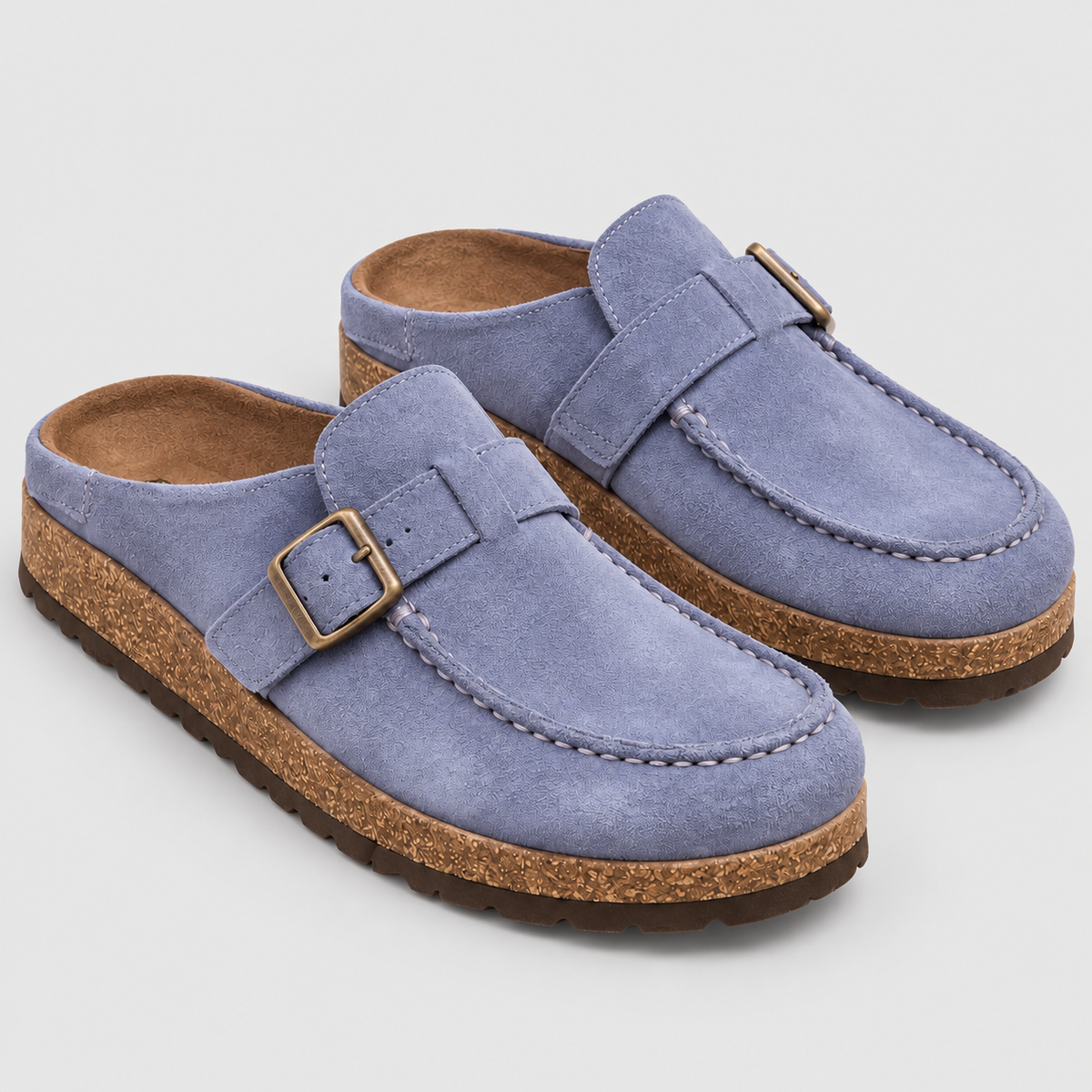 Women's Suede-Look Clogs with Buckle Strap in Dusty Blue — view 8