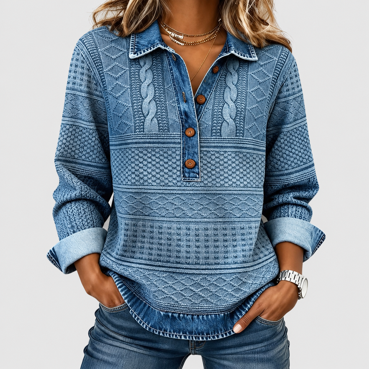 Women's Cable Knit Jumper with Denim Collar in Blue — view 1