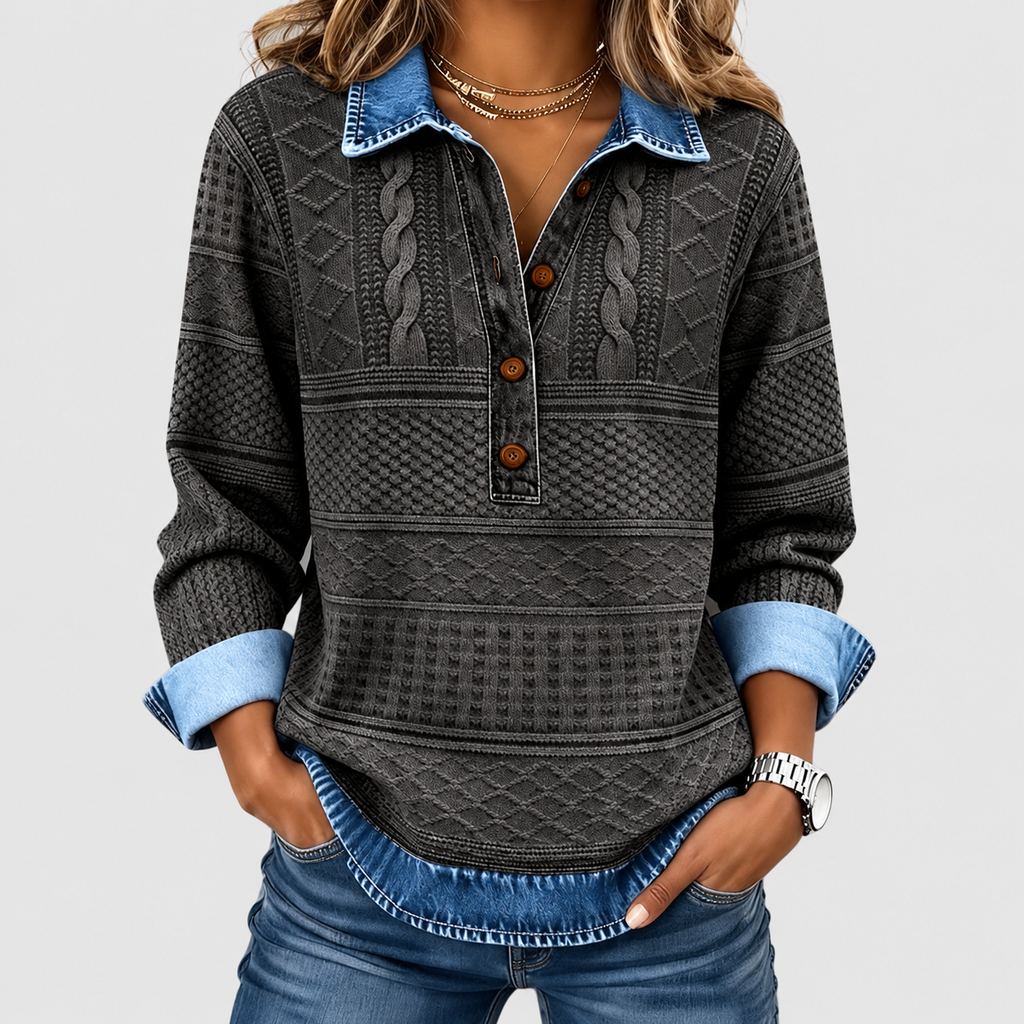 Women's Cable Knit Jumper with Denim Collar in Grey — view 2