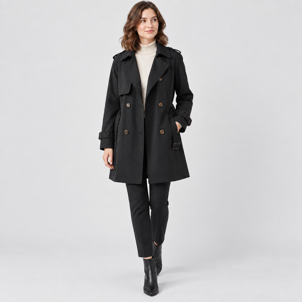 Florence Short Double-Breasted Trench Coat in black, studio view