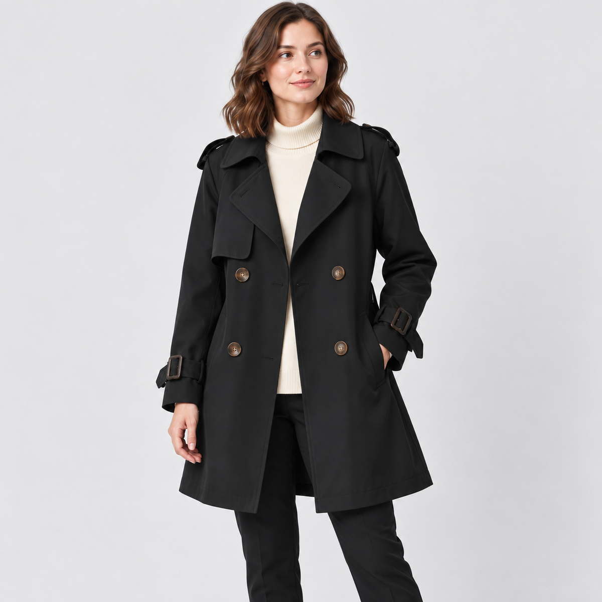 Florence Short Double-Breasted Trench Coat in black, studio view
