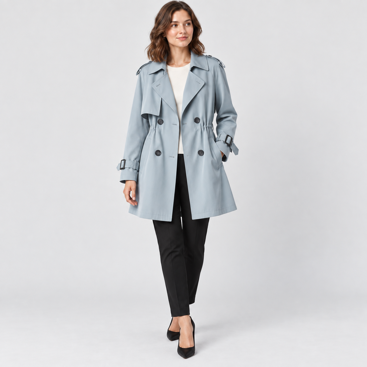Florence Short Double-Breasted Trench Coat in blue, studio view