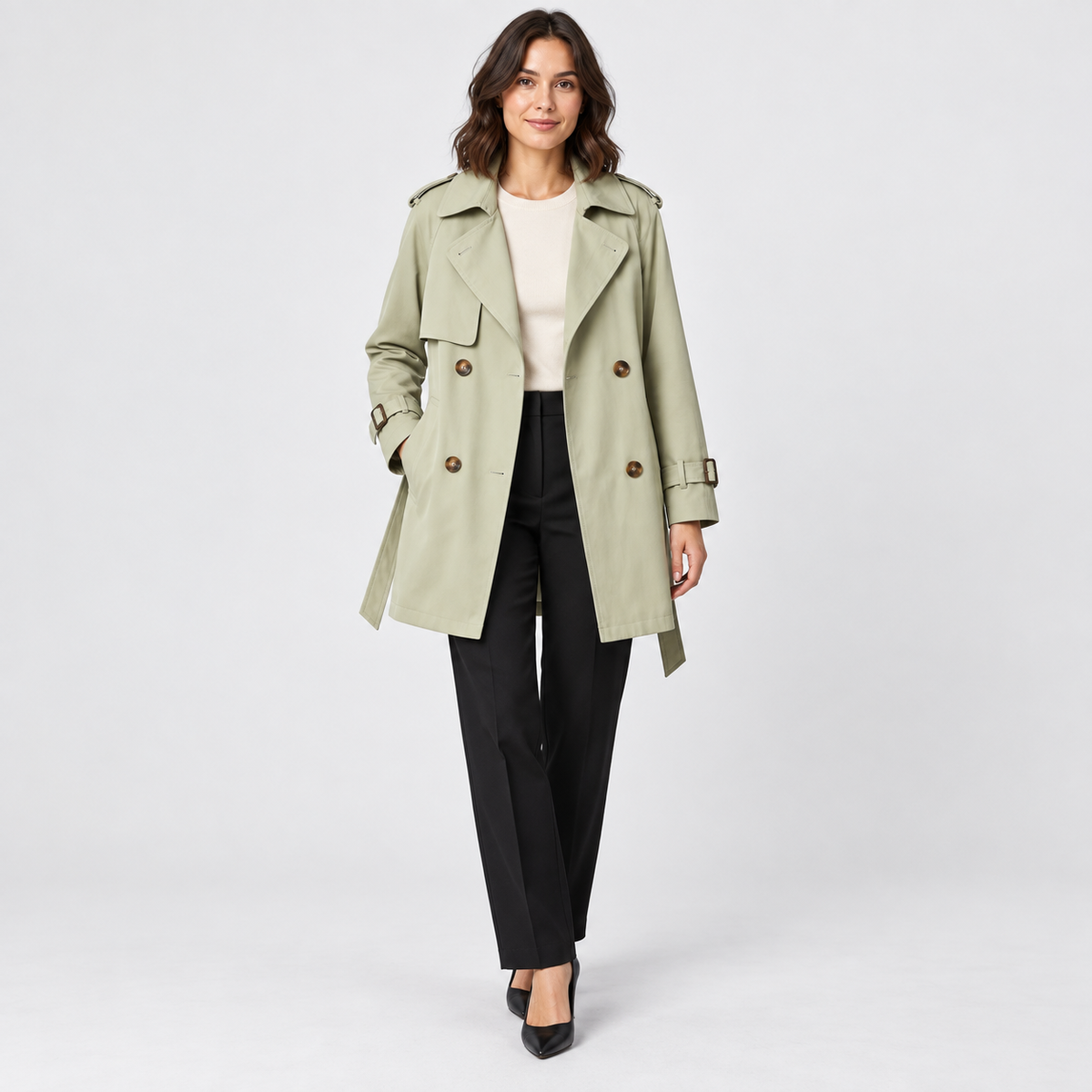 Florence Short Double-Breasted Trench Coat in green, front view