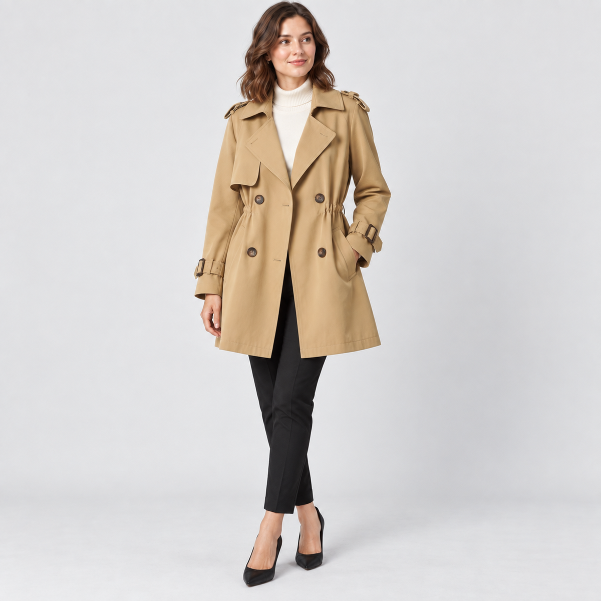 Florence Short Double-Breasted Trench Coat in brown, studio view