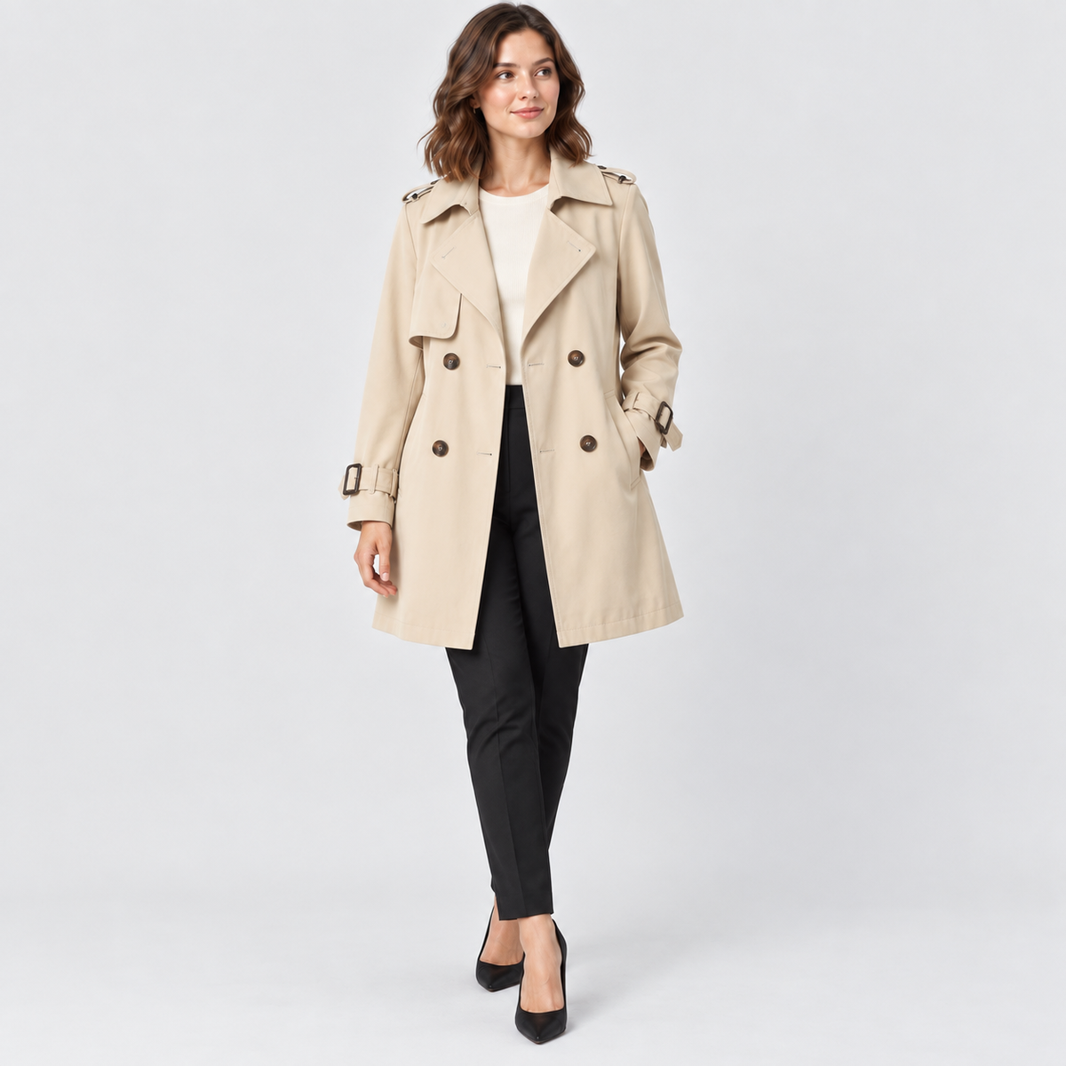 Florence Short Double-Breasted Trench Coat in khaki, studio view