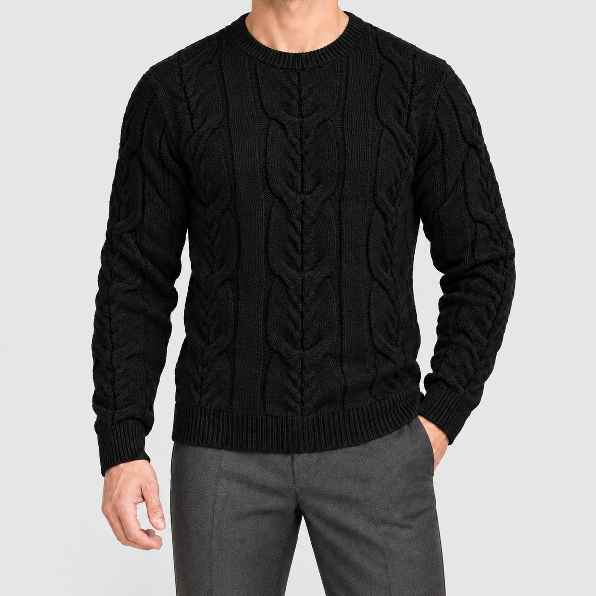 Men's Cable-Knit Crew-Neck Jumper in Black — view 4