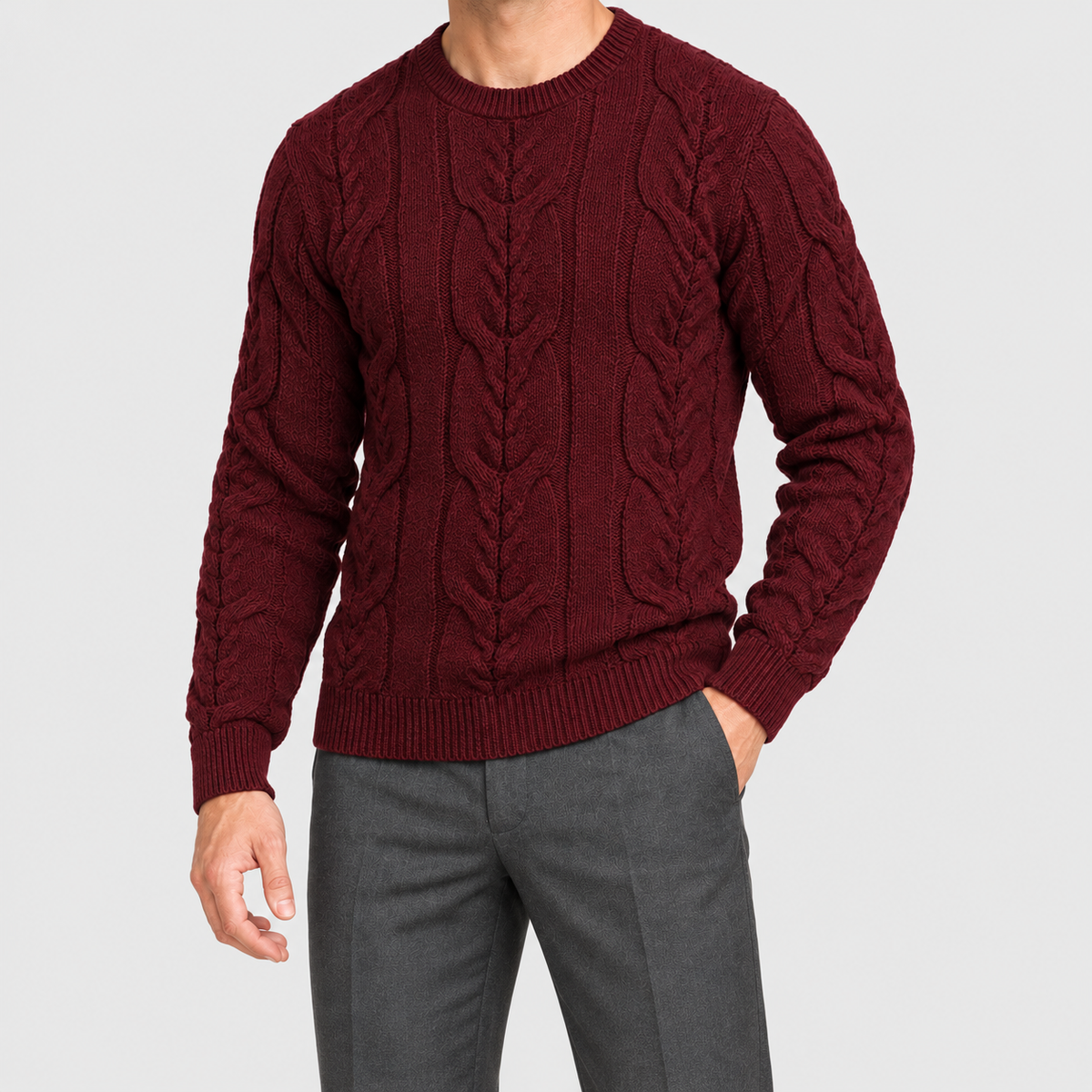 Men's Cable-Knit Crew-Neck Jumper in Burgundy — view 5