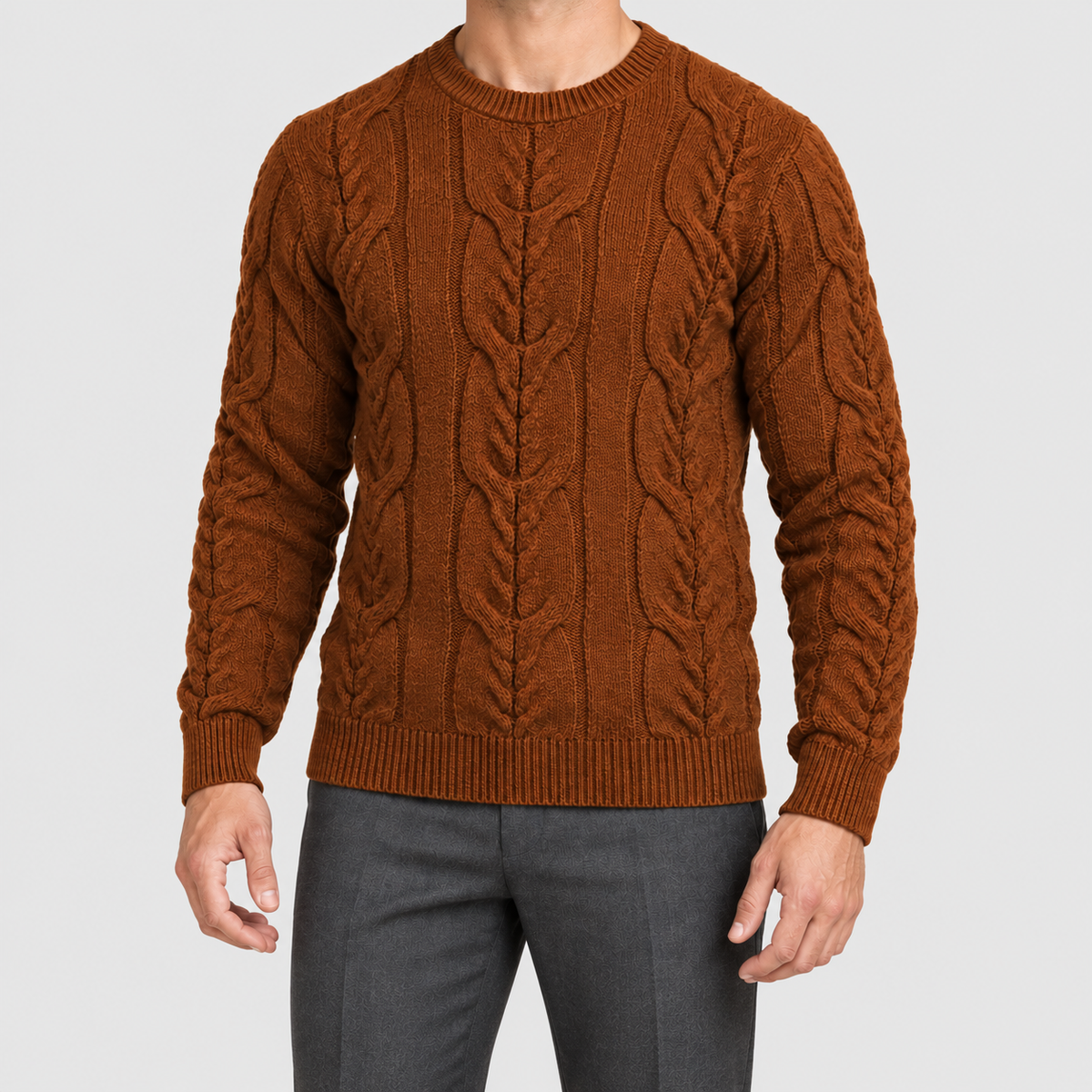 Men's Cable-Knit Crew-Neck Jumper in Coffee — view 6