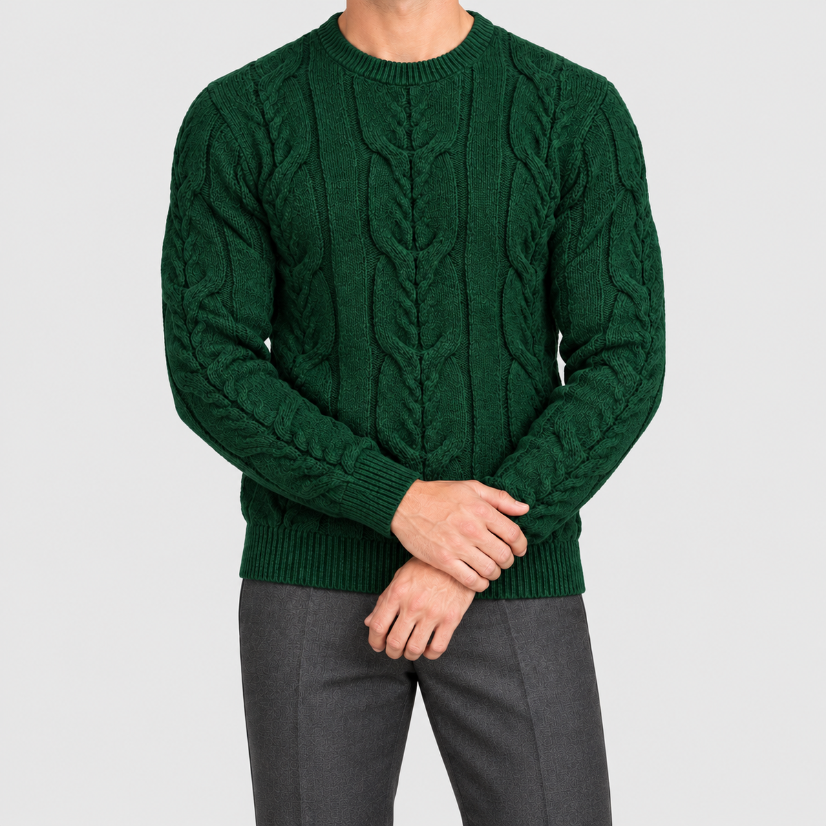 Men's Cable-Knit Crew-Neck Jumper in Green — view 7
